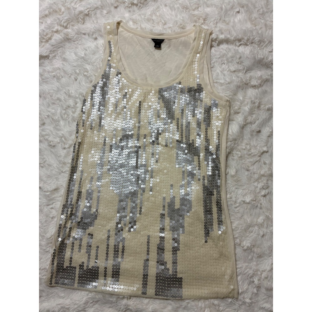 Ann Taylor Womens Silver Sequin Tank Top Cream Sleeveless Party Blouse Small